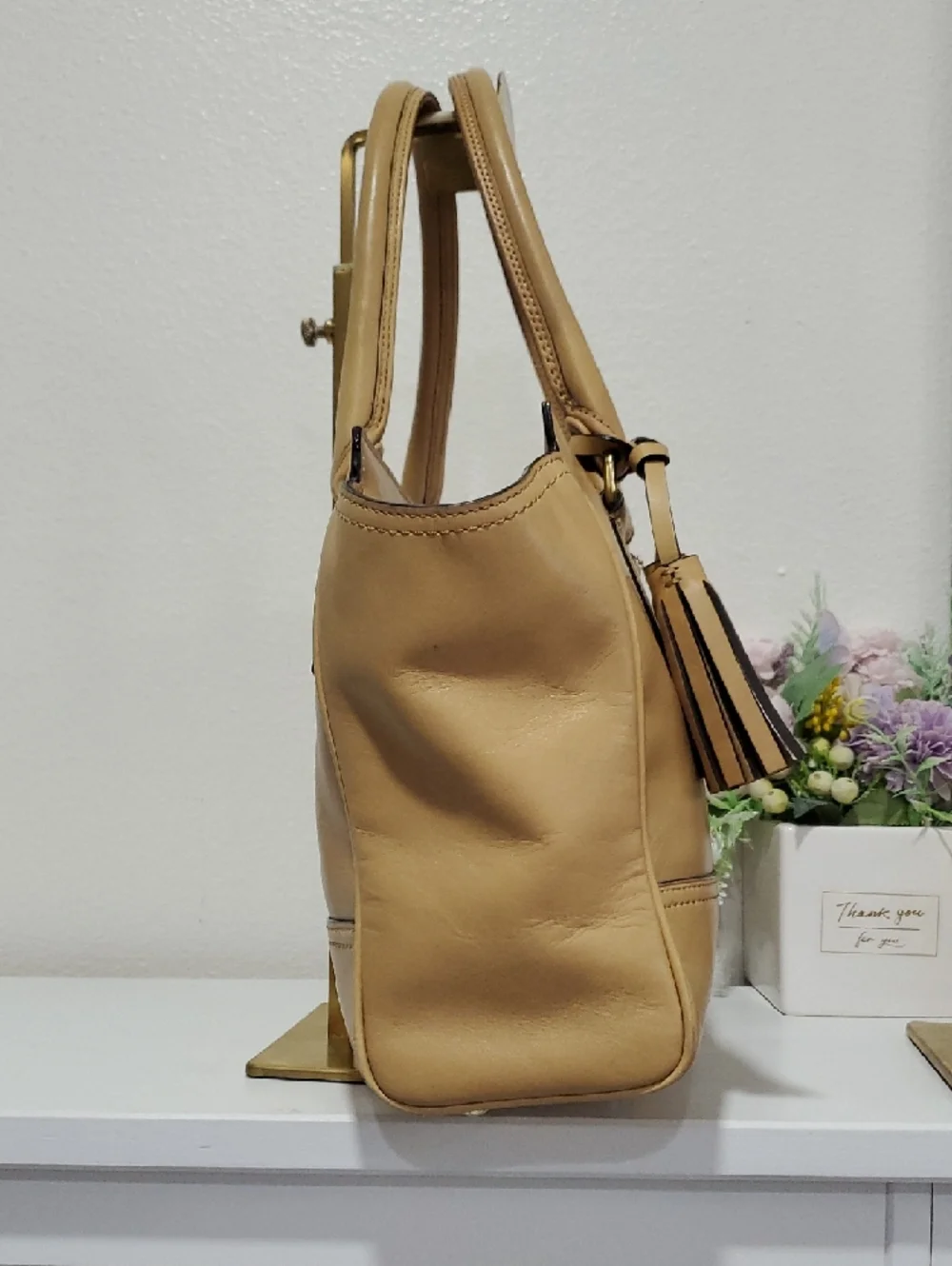 Coach Tan Leather Tote with Tassel Charm